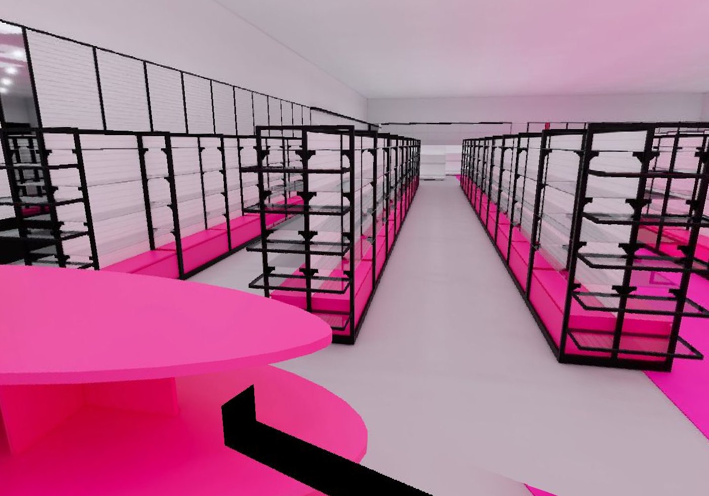 Photoreal render of a beauty store with pink-based gondola aisles receding in perspective