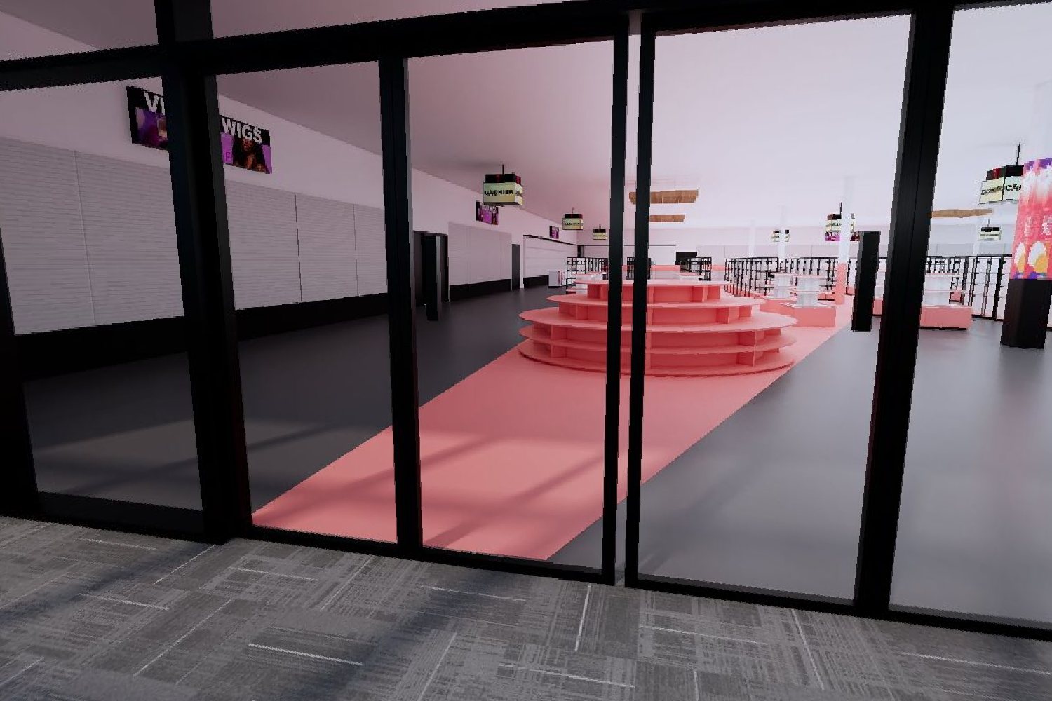 Beauty hall floor with pink podium runway and brand displays seen through glass partitions