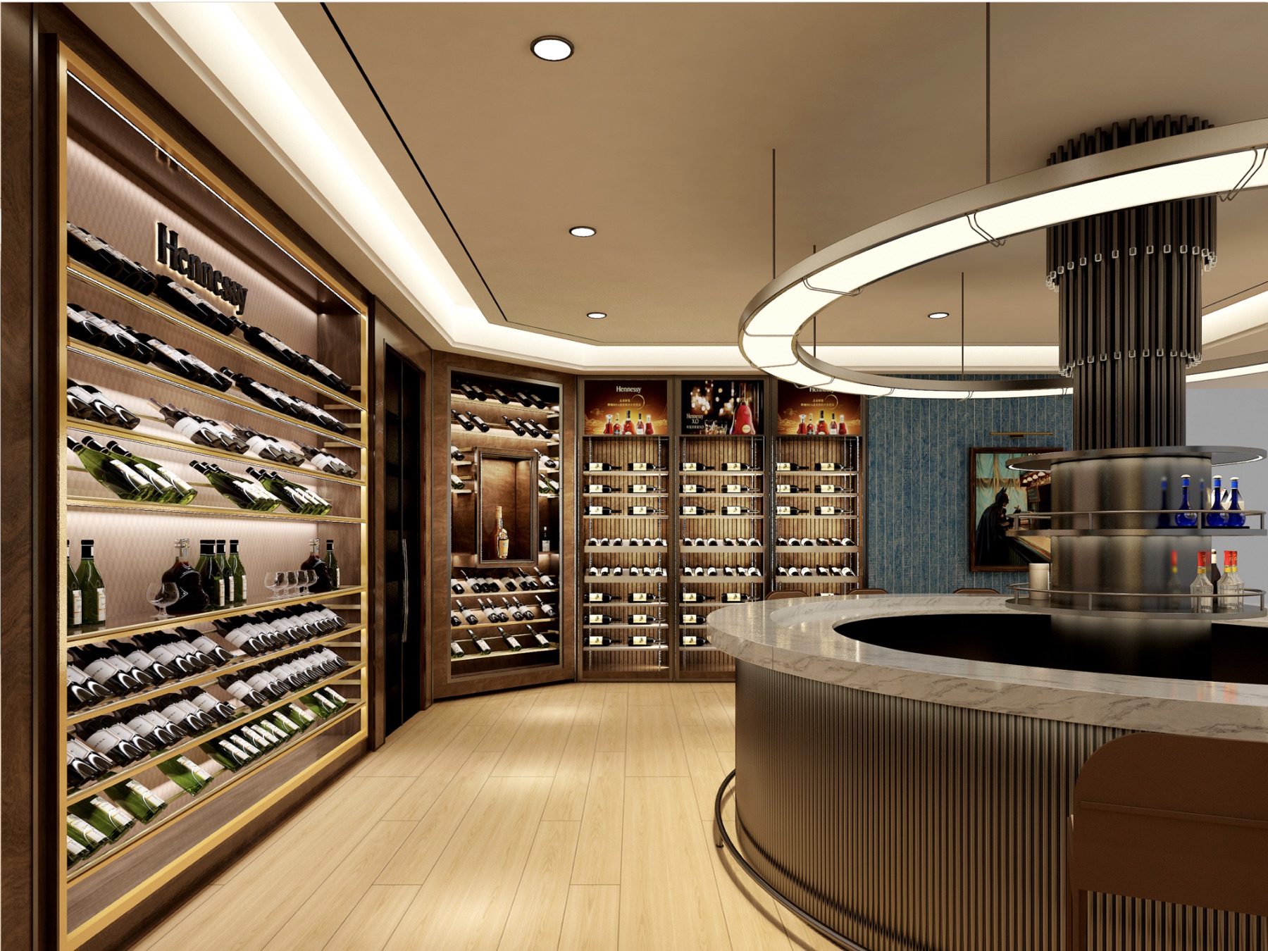 Warm wood and brass spirits boutique with curved counter