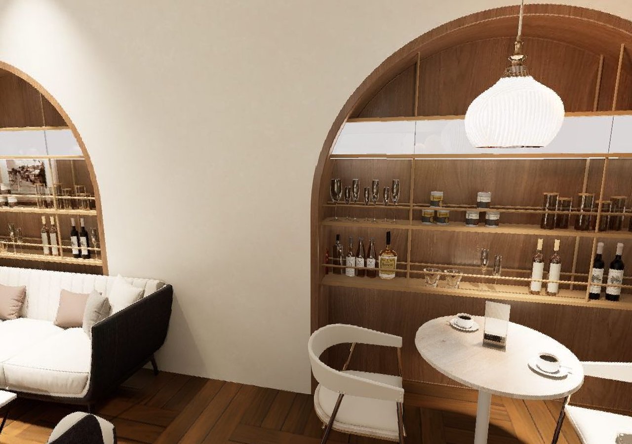 Warm wood café with arched alcove, lounge seating and pendant lighting