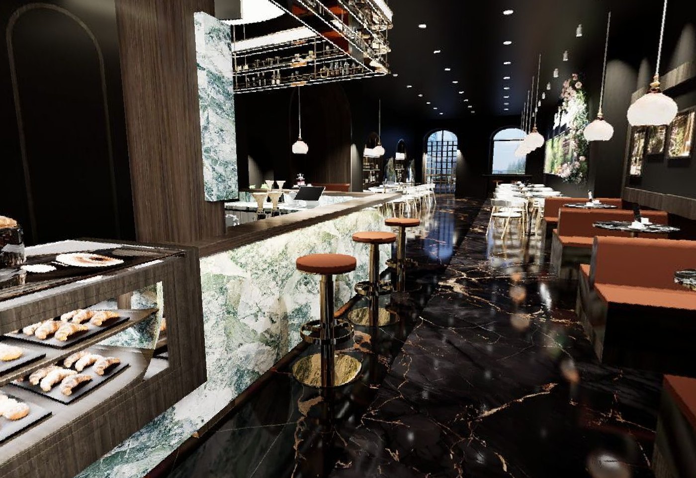 Finished luxury café with green-marble bar, brass stools and pendant lighting
