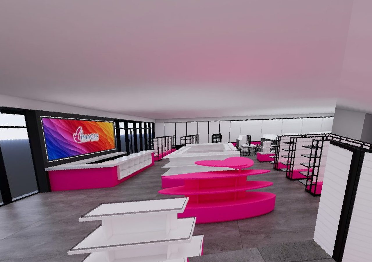 Modern beauty store with feature screen and pink display podiums