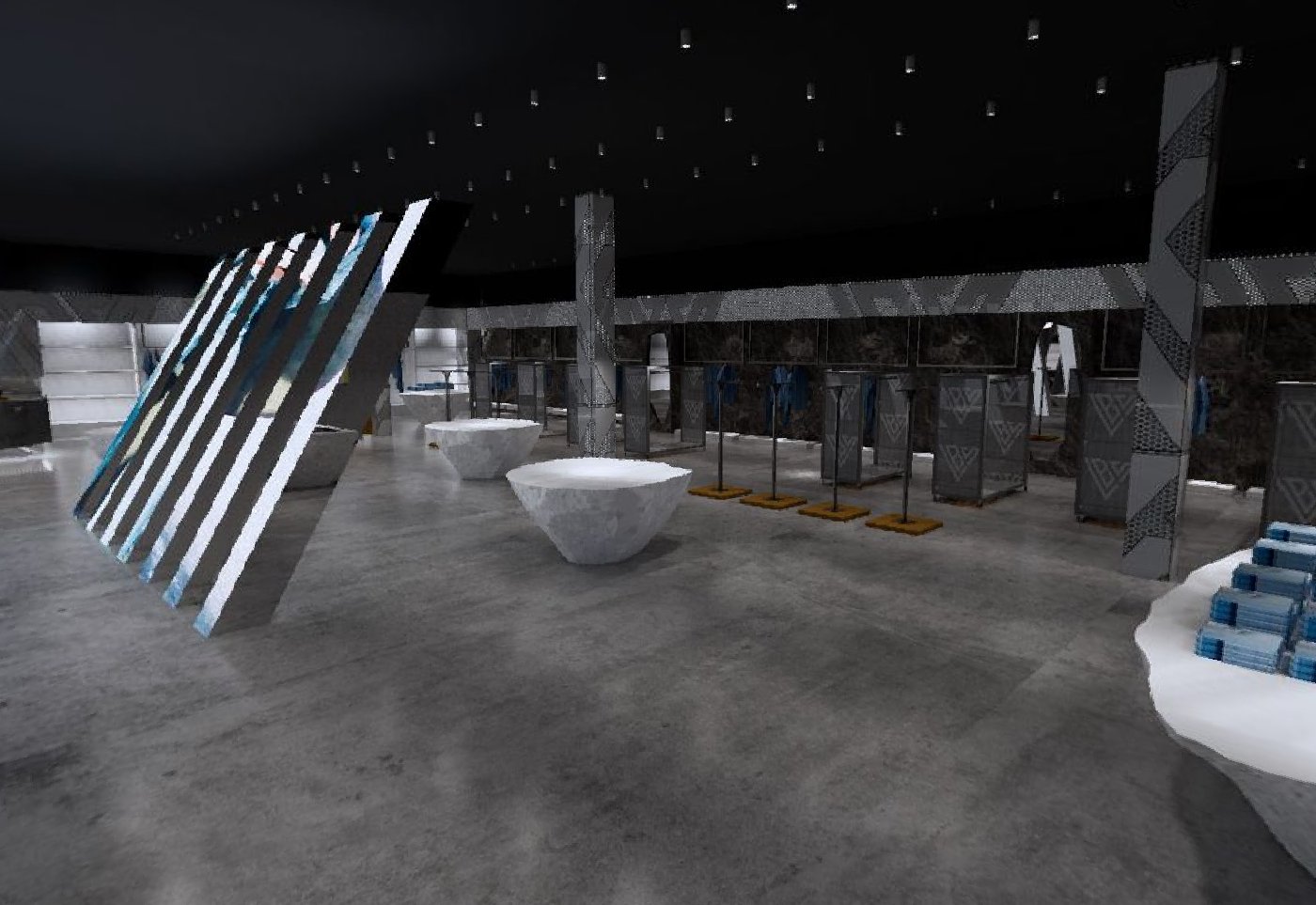Bespoke display plinths and illuminated fixtures in a flagship fashion store